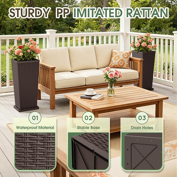 Set of 2 30 Inch Tall Plastic Planters with Drainage Saucers, Rattan Pattern UV Resistant Indoor Outdoor Flower Pots for Patio Garden Balcony Decor, Brown