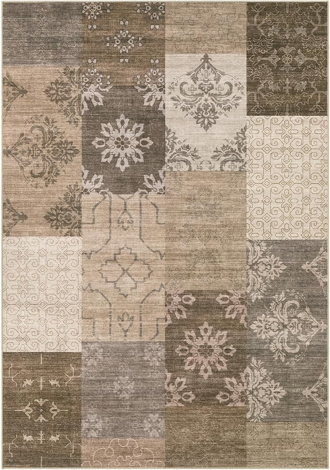 UERMEI 8x10 Area Rug for Living Room, Washable Brown Modern Geometric Patchwork Non Slip Stain Resistant Low Pile Foldable Carpet for Bedroom Dining Farmhouse Home Office