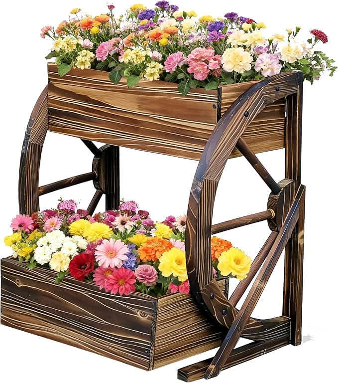 2 Tier Medium Wooden Wagon Planter Box|Outdoor Planter/Flower Pot for Indoor&Outdoor Plants-Rustic Garden Planter for Patio,Porch&Garden Decor-Raised Garden Bed for Succulents,Herbs,Vegetables