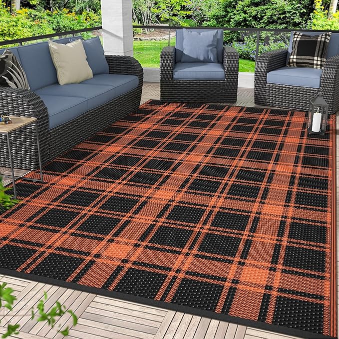 GENIMO Waterproof Outdoor Rug for Patio Clearance, 6'x9' Reversible Plastic Straw Rugs, Lightweight RV Camping Mat for Camper, Balcony, Deck, Backyard, Picnic, Black Orange Plaid