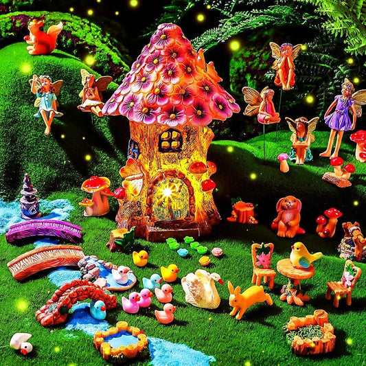 Poen 8'' Solar Light up Fairy House Garden 6-8 Fairy Figures Garden Accessories Kit Animals Doll House Decor Outdoor Micro Landscape Ornaments(Purple)
