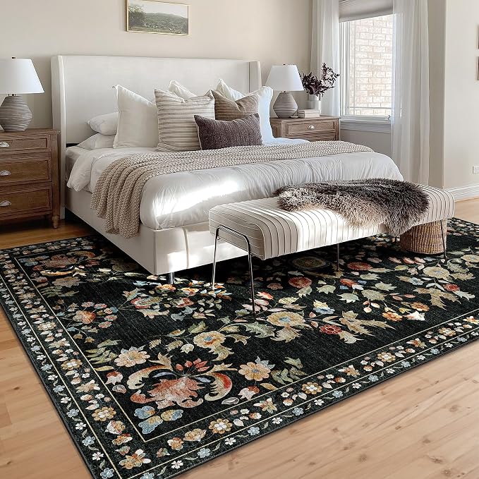 9x12 Area Rug Washable Floral Rug Non Slip Ultra-Thin Large | Machine Washable Throw Carpet for Living Room Bedroom Dining Room Floor Indoor Low Pile Boho Vintage Black