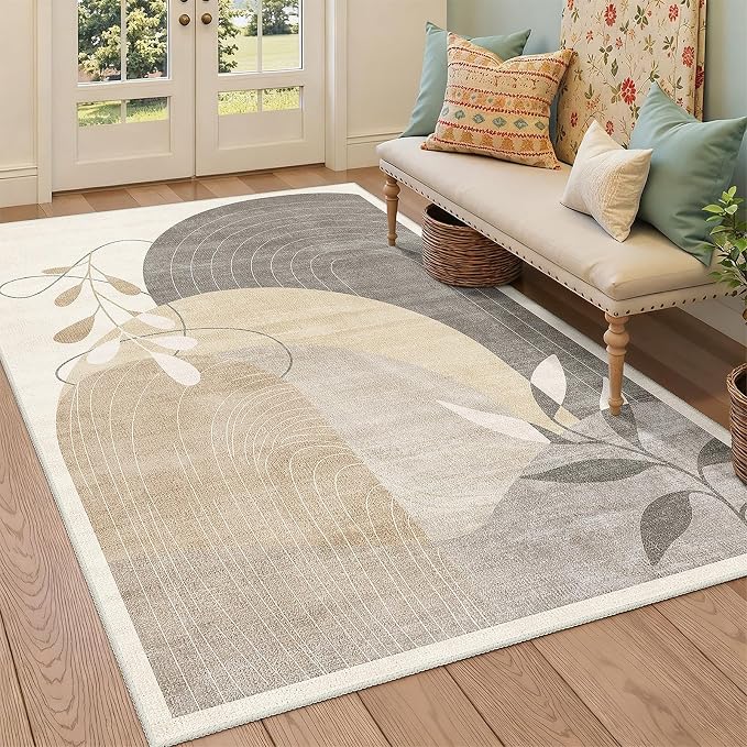 3x5 Rug Washable Area Rugs Low Pile Non Slip Mid Century Modern | Small Throw Carpet for Bedroom Entryway Living Room Office Bedside Indoor Boho Abstract Retro Geometric Neutral Beige