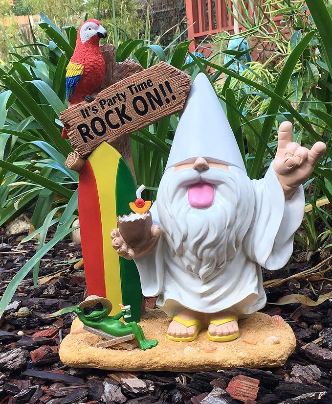 GlitZGlam Rocker Gnome – “George” and Fred The Frog - “It’s Party Time - Rock-On!” -This Gnome Brings Rock and Roll to Your Fairy Garden. A Large 13.75 Inches Tall Garden Gnome Miniature Figurine