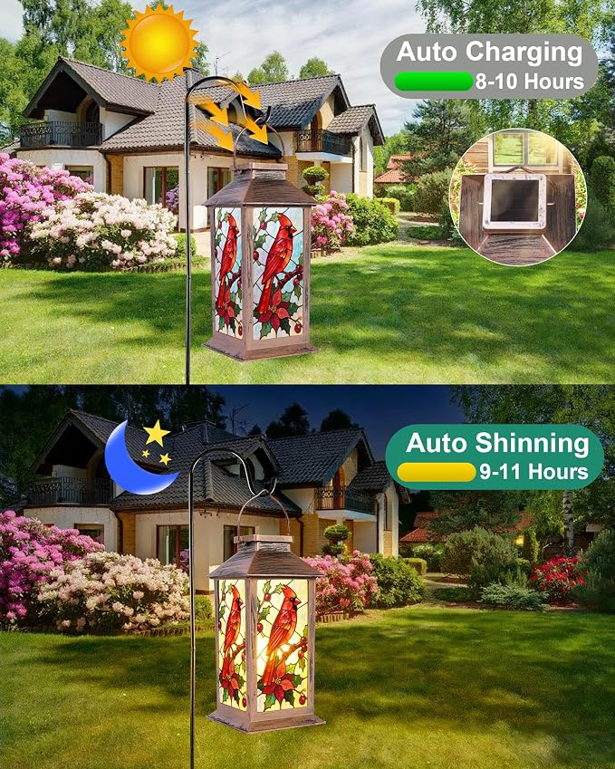 Cardinal Solar Lanterns Outdoor Waterproof Garden Decor Birthday Gifts for Women Mom Grandma Sister, Hanging LED Plastic Solar Lights Outside Decorative for Yard Patio Backyard Lawn Decorations