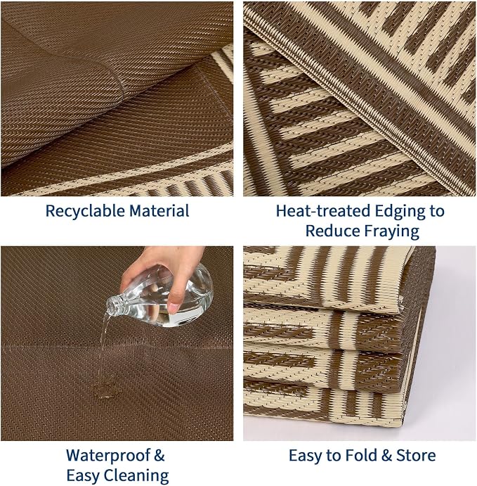 Garvee Outdoor Rug 9x18 Outdoor Patio Rug Waterproof Foldable Mat Reversible Plastic Straw Rugs Easy Clean Lightweight Carpet for Balcony Deck Picnic Backyard Camping Porch RV Beach Border Brown