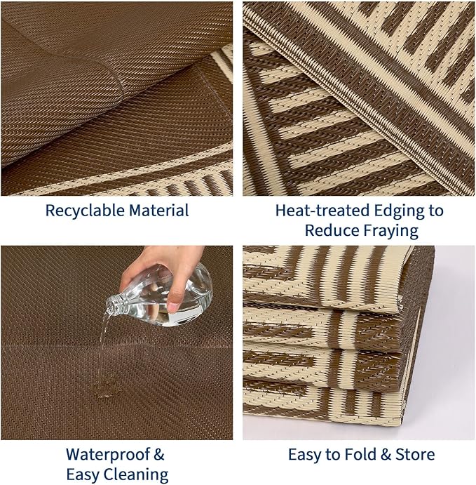 Garvee 9x12 Outdoor Rug for Patio Plastic Straw Rug Waterproof Reversible Mat Lightweight Foldable Carpet Easy Clean Large Rugs for Patio Porch Backyard Camping RV Beach Balcony Deck Border Brown