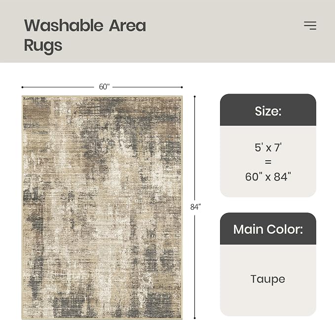 Valenrug Washable Rugs 5x7, Abstract Large Area Rugs for Living Room, Taupe | Soft & Lighweight, Folable, Stain Resistant Low Pile Thin Indoor Distressed Carpet Rugs for Bedroom,Dining Room,Kitchen