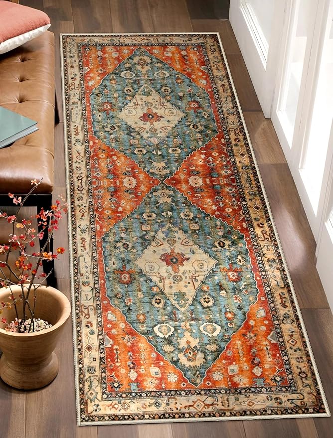 SERISSA 2x5 Washable Non Slip Boho Runner Rug for Hallway | Ultra Soft Vintage Oriental Carpet Low-Pile Distressed Tribal Floor Carpet for Kitchen Bedroom Bathroom Laundry Living Room