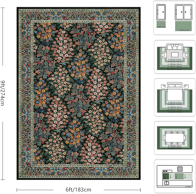 6x9 Area Rugs, Washable Floral Area Rugs for Living Room, Indoor Area Rug for Bedroom, Dining Room, Low Pile Non-Slip Non Shedding Rug(Black Floral)