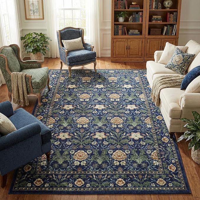 GarveeHome Green Washable Area Rug 5x7, Retro Floral Low Pile Non Slip Living Room Rug Soft Cottage Core Rug Farmhouse Indoor Carpet for Bedroom Dining Room Playroom
