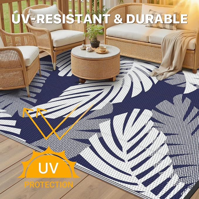 GENIMO Waterproof Outdoor Rug 9' x 12' for Patio Decor, Reversible Plastic Straw Area Rugs for Camping Clearance, RV Mat, Large Outside Carpet for Porch, Deck, Picni, Balcony, Garden, Blue & White