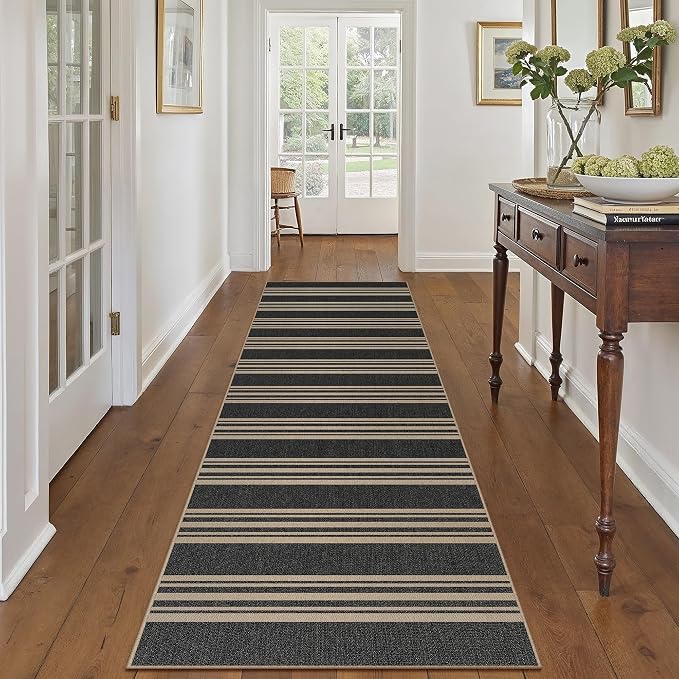 PureCozy Striped Easy Jute 2x8 Kitchen Runner Rug Black Washable Carpet for Hallway Non Slip Farmhouse Neutral Non Shedding Indoor Outdoor 2'6"x8 Long Rug Bathroom Bedroom Laundry Entryway