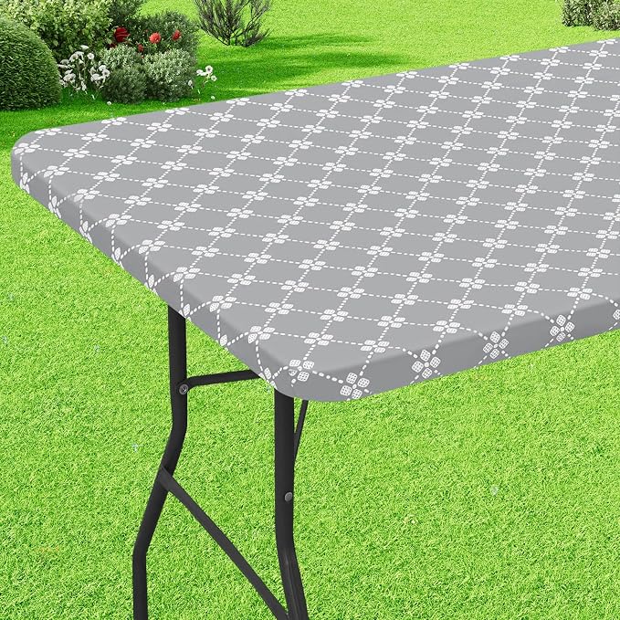 misaya Rectangle Vinyl Table Cloth, Elastic Fitted Tablecloth with Flannel Backing, Waterproof Plastic Table Cover Fits 5 Foot Folding Tables for Picnic, Camping and Outdoor (Light Grey, 30" x 60")