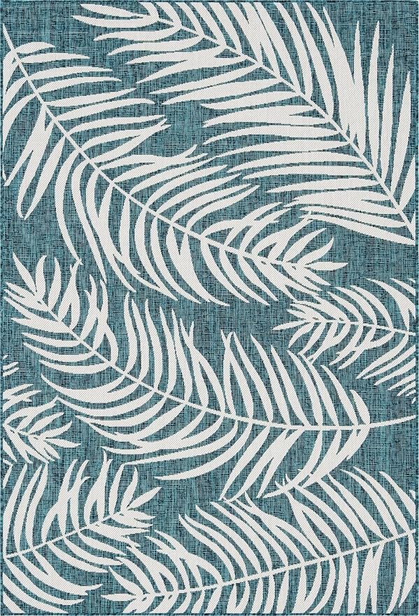 Unique Loom Outdoor Botanical Collection Area Rug - Palm (6' 1" x 9' Rectangle, Teal/ Ivory)