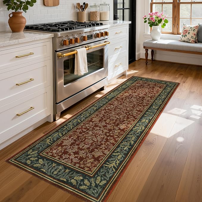 GarveeHome Washable 2.5x10 Hallway Runner Rug Non Slip Kitchen Rugs, Red | Boho Vintage Runner Rugs with Rubber Backing Soft Low-Pile Stain Resistant Indoor Long Carpet for Entryway Bedroom Laundry