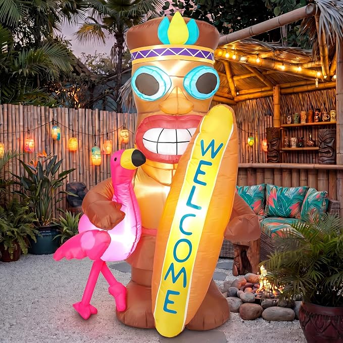 Shappy 5 FT Inflatable Tiki Flamingo Outdoor Decoration with LED Lights | Hawaiian Luau Party Decor, Tropical Tiki Totem Blow Up for Summer Beach Party, Outdoor Yard Lawn Garden Decoration
