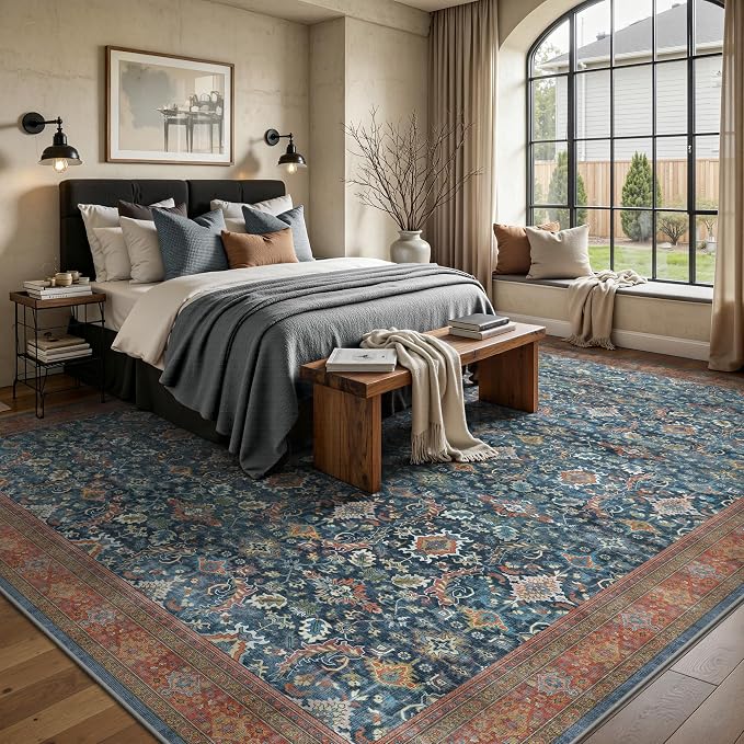 8x10 Area Rugs for Living Room - Washable Vintage Retro Large Rug, Soft Ultra Thin Non Slip Low Pile Traditional Distressed Boho Carpet for Bedroom Dining Room Home Office, Navy Rust