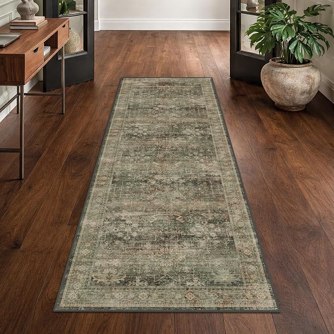 Washable 2x6 Kitchen Runner Rug for Hallway, Entryway & Bathroom, Moss Green Vintage Distressed Geometric Runner Carpet, Low Pile Slip-Resistant, Easy to Clean, Stain Resistant