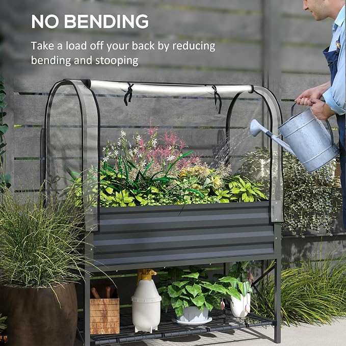 Outsunny Raised Garden Bed with Cover and Storage Shelf, Rectangular Metal Elevated Planter Box with Legs and Bed Liner for Vegetables, Flowers, Herbs, Dark Gray