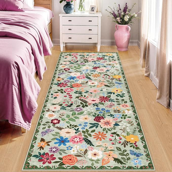 PLHXFR 2x5 Washable Runner Rug：Floral Indoor Kitchen Soft Carpet Green | For Hallway Bedroom Kitchen Laundry Bathroom Dorm,Vintage Floral,Machine washable,Non Slip,Stain Resistant,Indoor Floor