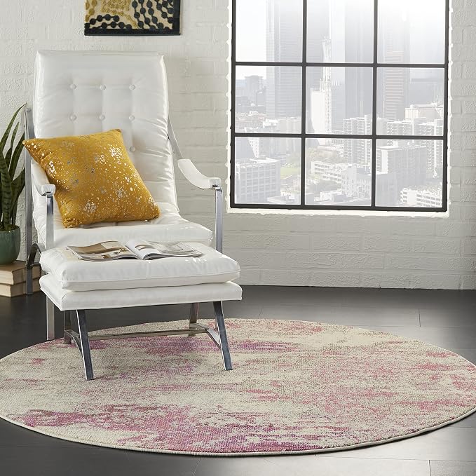 Nourison Home Celestial Modern Abstract Ivory/Pink 4' x Round Area Rug, Easy Cleaning, Non Shedding, Bed Room, Living Room, Dining Room, Kitchen (4 Round)