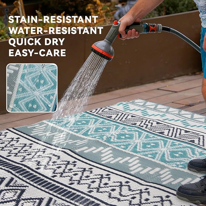 Outdoor Rug Waterproof 5 x 8 ft, Reversible Plastic Straw Rug for Patio, Large Outdoor Carpet for RV, Patio, Camping, Backyard, Deck, Picnic, Beach, Blue & Grey