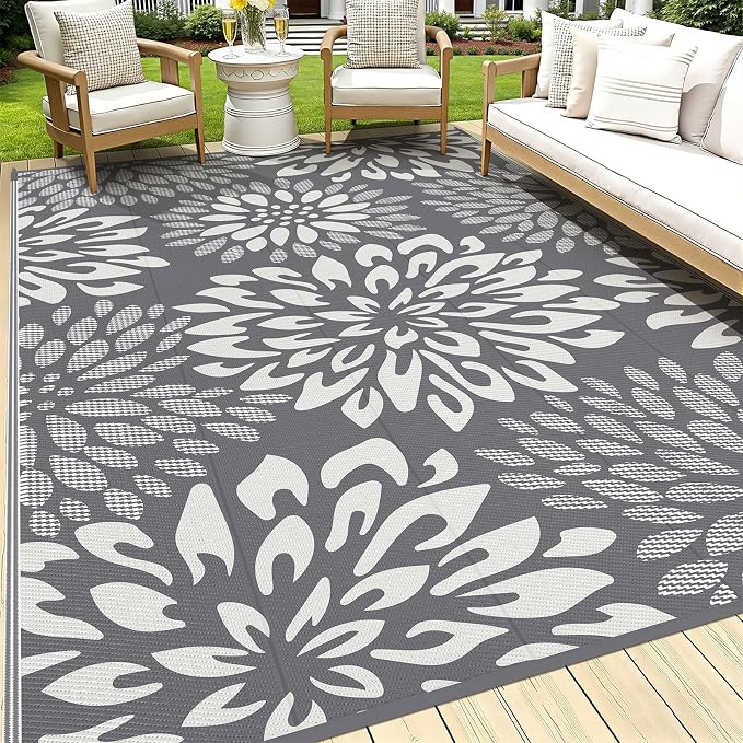 HEBE Waterproof Outdoor Rug 9x12 for Patios, Floral Reversible Plastic Straw Rug Patio Mat, Indoor Outdoor Carpet RV Mat Camping Rug for Deck, Camper, Porch, Balcony, Backyard, Picnic