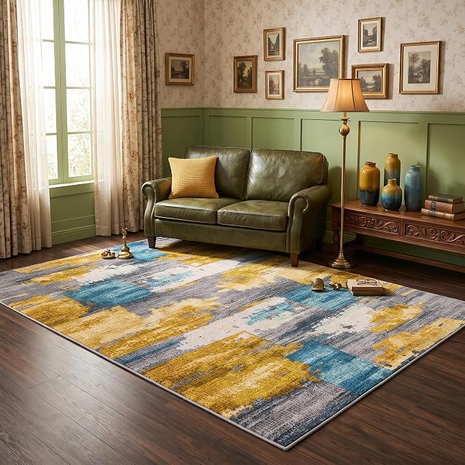 8x10 Blue and Gold Abstract Brushstroke Area Rug for Living Room | Soft Low-Pile Machine-Washable Rug with Non-Slip Backing for Bedrooms, Dining Rooms and Home Offices, Designed for Easy Care