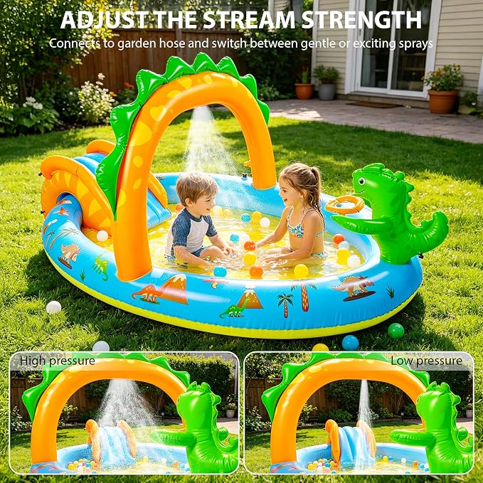 SULIFEEL 2026 Inflatable Dinosaur Play Center Kiddie Pool with Slide and Sprinkler for Children, Toddler Blow Up Splash Pad for Backyard and Garden 96"x59"x39"