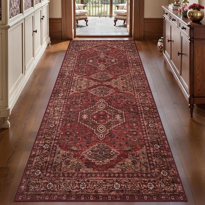 Tangsoo Boho 3x6 Washable Runner Rug for Entryway, Red Non Slip Runner Rug | Oriental Print Carpet Runner,VIntage Soft Low Pile Accent Runner Rug for Entryway Living Room Dining Bedroom Bedroom Dark Red