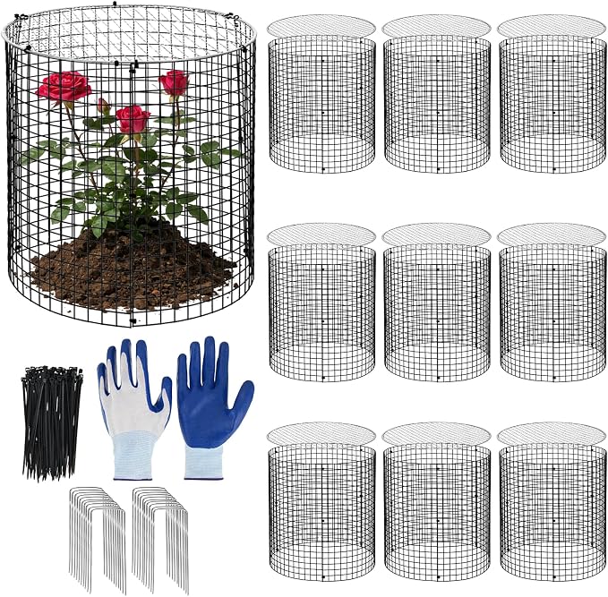 10 Sets 12"x 12" Garden Plant Protectors from Animals with Detachable Covers Metal Plant Cage Chicken Wire Cloche with Ground Stakes & Nylon Tie Wire Plant Cage to Keeping Bunny Animals Out Chicken