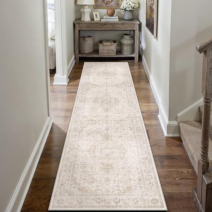 2x8 Runner Rug Hallway Vintage Beige Machine Washable Neutral Floral Low Pile Carpet Vacuumable Thin Long Throw Rug Bedroom Office Bathroom Kitchen Laundry Non Slip Soft Lightweight