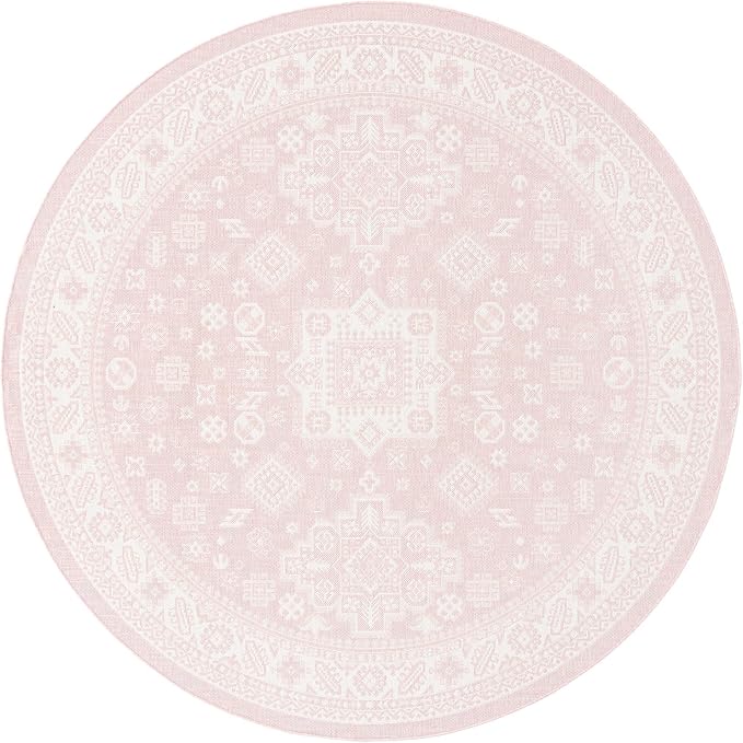 Unique Loom Outdoor Aztec Collection Area Rug - Chalca (10' Round, Pink/ Ivory)