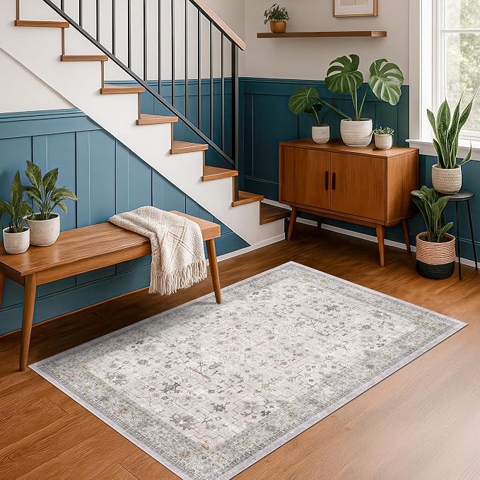 Washable Boho 4x6 Living Room Rug - Light Gray & Sage Area Rug for Kitchen, Mudroom, Bedroom Beside Bed, Office, Modern Vintage Eclectic Geometric Floral, Low Pile & Fade Resistant