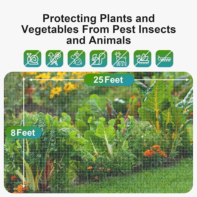 Garden Insect Netting Pest Barrier: 8'x25' Bug Netting for Garden Protection Mosquito Net Fine Mesh Cicada Tree Net Greenhouse Row Cover for Crops Plants Vegetables Flowers Fruits Silver