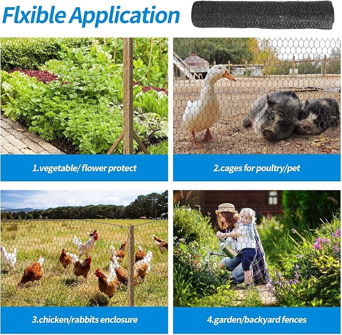 60'' x 100' Black Chicken Wire Mesh Fence, 15 Gauge Poultry Netting and 2 inch Mesh Fence Roll, Chicken Wire for Floral Arrangements/Crafts/Farm/Livestock/Pet Protection