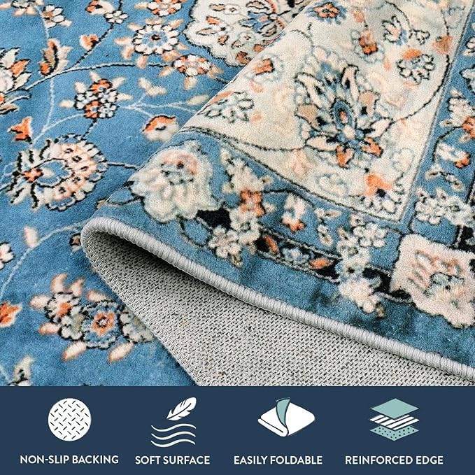 Lahome Felice Oriental Floral Medallion Runner Rug - 2x7 Blue Hallway Runner Rug, Non-Slip Machine Washable Low-Pile Kitchen Entryway Mat Indoor Throw Carpet for Bedside Laundry Bathroom
