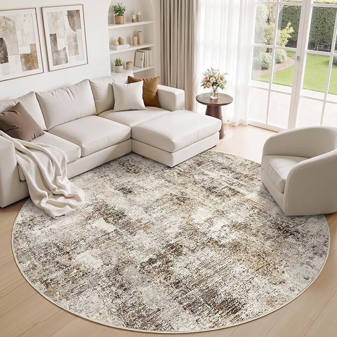 8Ft Round Area Rug Washable Abstract Rugs for Living Room Dark Brown | for Bedroom, Dining Room, Office, Nursery, Soft Neutral, Low Pile Non-Slip, Kid Pet Friendly, Large Indoor Carpet, Home Decor