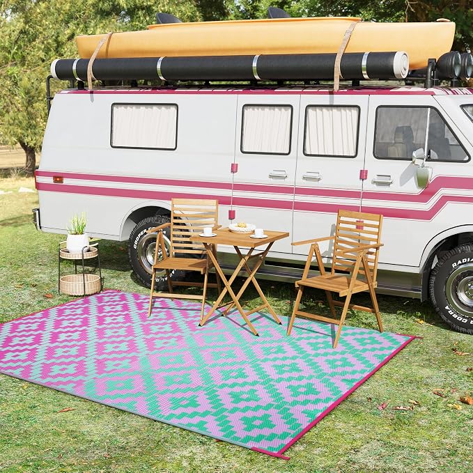 Anidaroel Ombre Outdoor Rugs for Patios Clearance Waterproof, 6x9 Reversible Geometric Plastic Straw Outside Area Rugs, RV Camping Mat for Balcony, Pool Deck, Picnic, Backgard(Green&Pink,6‘x9')