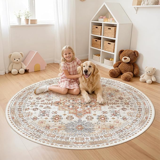 Round Rug 5ft,Circle Rug for Dining Room Table,Orange | Washable Rugs for Kitchen,Entryway,Bedroom,Dining Room,Nursery Room,Thin,Soft Runner Rug,Stain Resistant Indoor Carpet