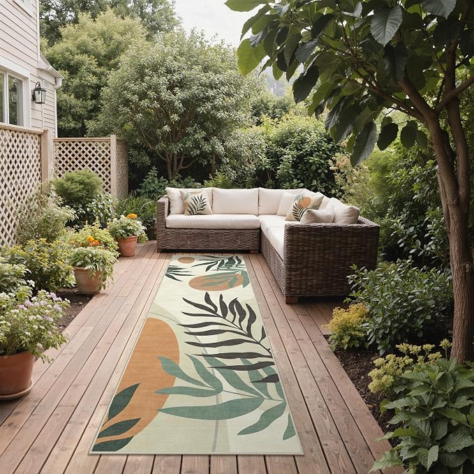 GENIMO Outdoor & Indoor Runner Rug 2.5'x8', Waterproof, Non-Shedding, Easy Cleaning, Leaf Mat for Patio, Living Room, Balcony, Dining Room, RV, Deck, Bedroom, Camping, Outside Carpet, Beige Grey