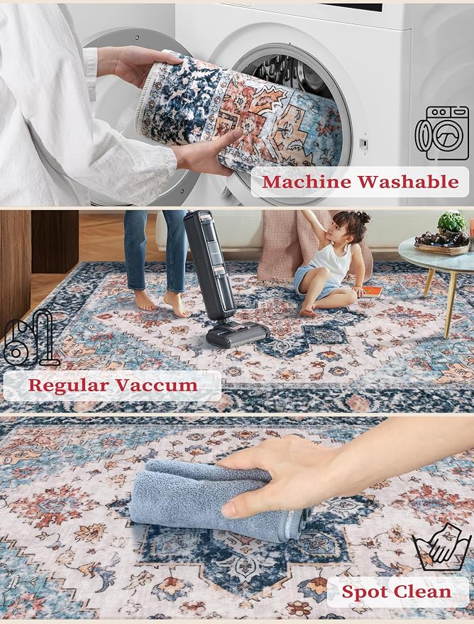 SERISSA 3x10 Washable Non Slip Boho Runner Rug for Hallway，Blue Orange | Ultra Soft Vintage Oriental Carpet Low-Pile Tribal Floor Carpet for Stair Kitchen Bedroom Bathroom Laundry Room