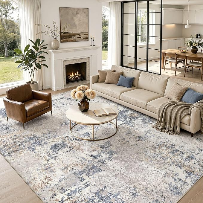 Nakagishi 10X12 Abstract Washable Area Rugs for Living Room-Blue Grey | Modern Non-Slip Silicone Backing Low Pile Soft Carpet for Bedroom Dining Decor Ideal for Families with Kids and Pets