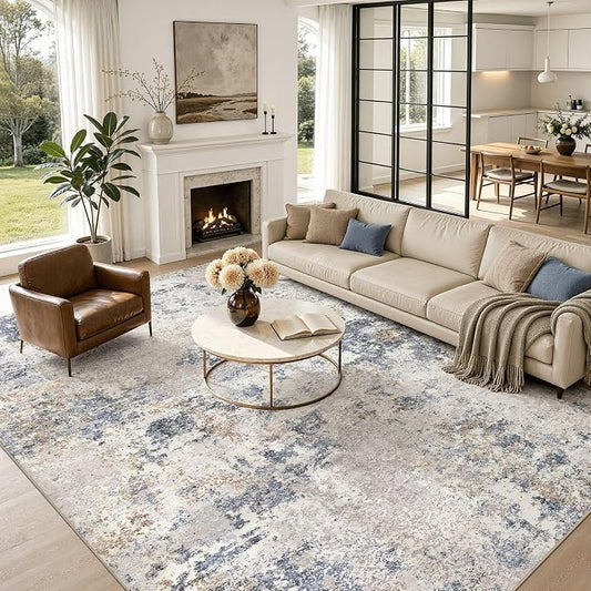 Nakagishi 10X12 Abstract Washable Area Rugs for Living Room-Blue Grey | Modern Non-Slip Silicone Backing Low Pile Soft Carpet for Bedroom Dining Decor Ideal for Families with Kids and Pets