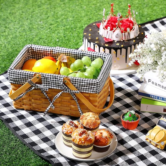 Patelai Wicker Picnic Basket Natural Hand Woven Basket with Double Folding Handles, Willow Hamper Baskets with Blanket for Outdoor Picnic Summer Spring Camp Family(Black and White Grid)