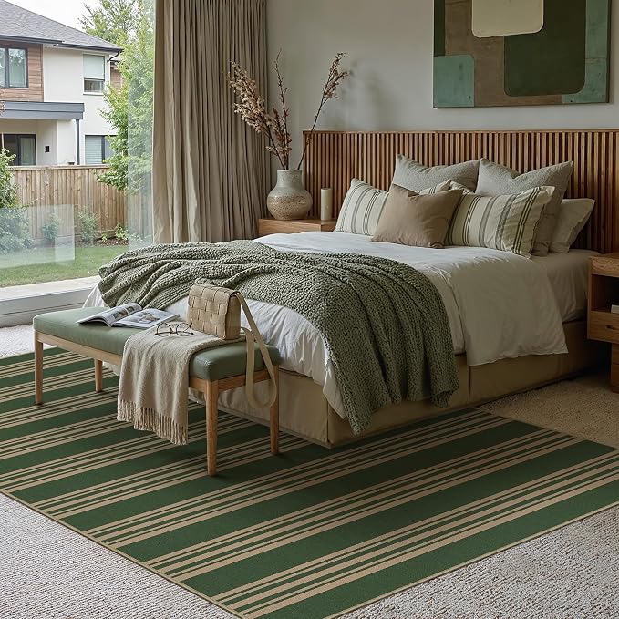 PureCozy Striped Easy Jute Rug 5x7 Green Living Room Carpet Washable Non Slip Bedroom Office Rug Farmhouse Neutral Non Shedding Indoor Outdoor Large Carpet for Kitchen Dining Room