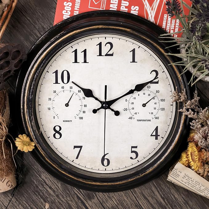 JoFomp Outdoor Clocks for Patio, Large 12 inch Outside Wall Clock Waterproof with Thermometer and Hygrometer Combo, Round Silent Battery Operated Wall Clock for Home, Pool, Garden