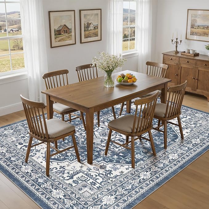 UERMEI 10x14 Area Rug for Living Room - Washable Vintage Carpet, Non-Slip Soft Large Indoor Floor Rugs for Bedroom Home Office & Under Dining Table Decor, Denim Blue/White