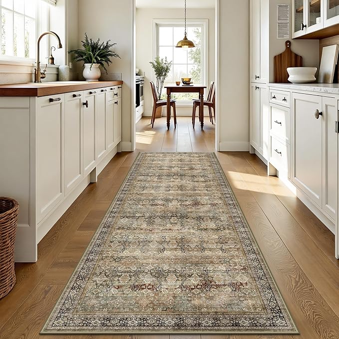 2x6 Hallway Runner Rug, Washable Vintage Retro Long Runner Rugs for Kitchen Laundry, Soft Ultra Thin Non Slip Low Pile Traditional Distressed Boho Carpet for Bedroom Bathroom, Charcoal Olive